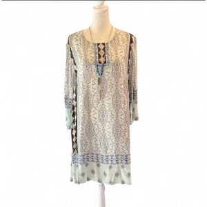 J. Jill Boho Artsy Printed Tunic Dress Size Medium Blue Cream 3/4 Sleeve